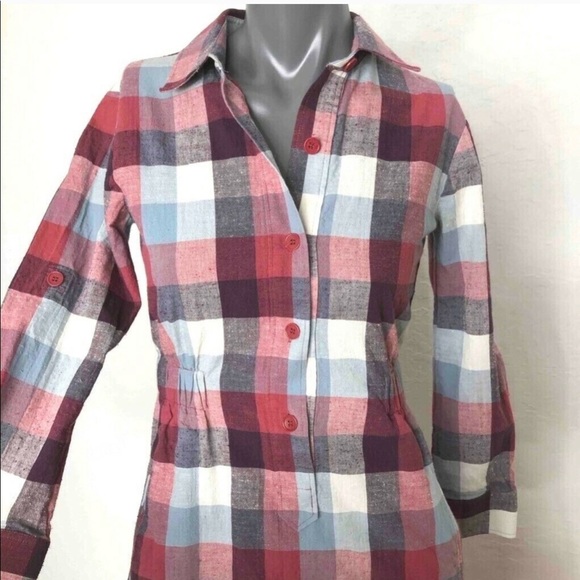 Theory Dominica Plaid Shirt Dress Red White Gray - Picture 2 of 8